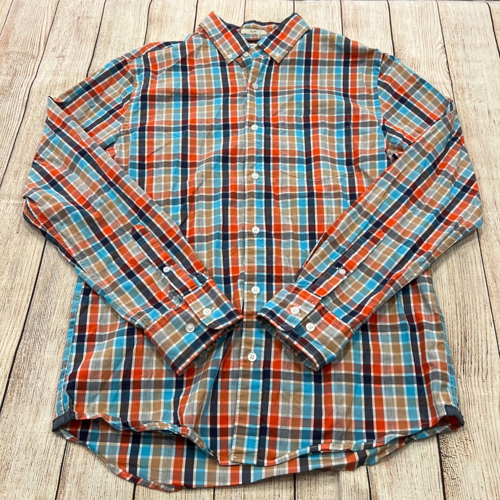 Hawker‎ Rye Mens Slim Fit Stretch Plaid Button Down Shirt Orange Blue M